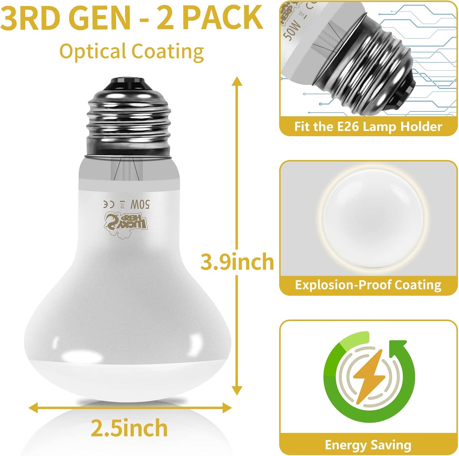 LUCKY HERP New Upgrade 50W Reptile Heat Lamp Bulb (3rd Gen, Safer), Amphibian Basking Spot Light Bulb, UVA Reptile Daylight Bulb for Turtle, Bearded Dragon, Lizard Heating Use (2 Pack)