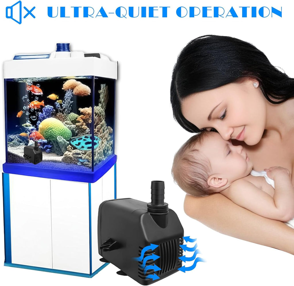 Pump 800GPH Ultra Quiet with Dry Burning Protection 8.8ft High Lift for Fountains, Hydroponics, Ponds, Aquariums (800GPH,24W)