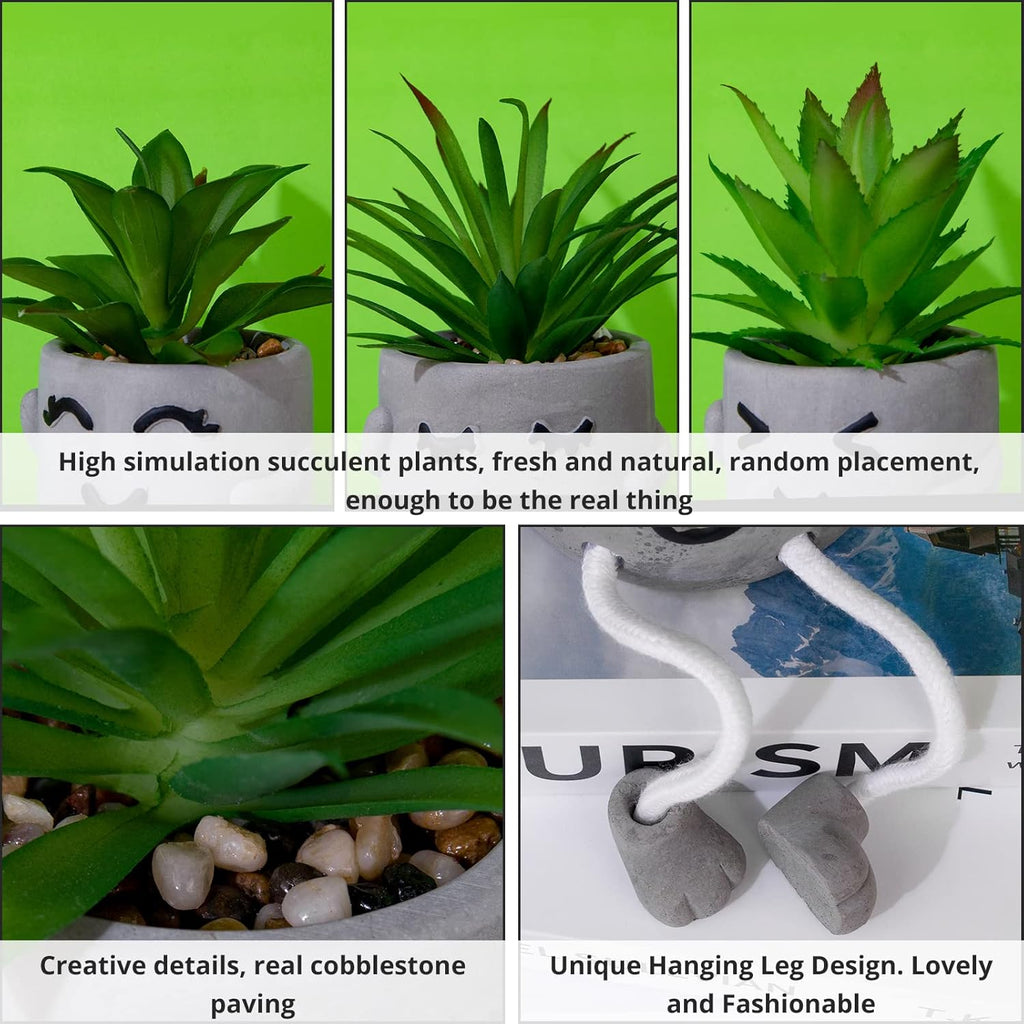 Creative Artificial Succulent Plants with Gray Pots Mini Potted Succulents Cute Fake Plants Succulents with Hanging Leg & Emotional Cement for Home Office Desk Decor and Gift Choice