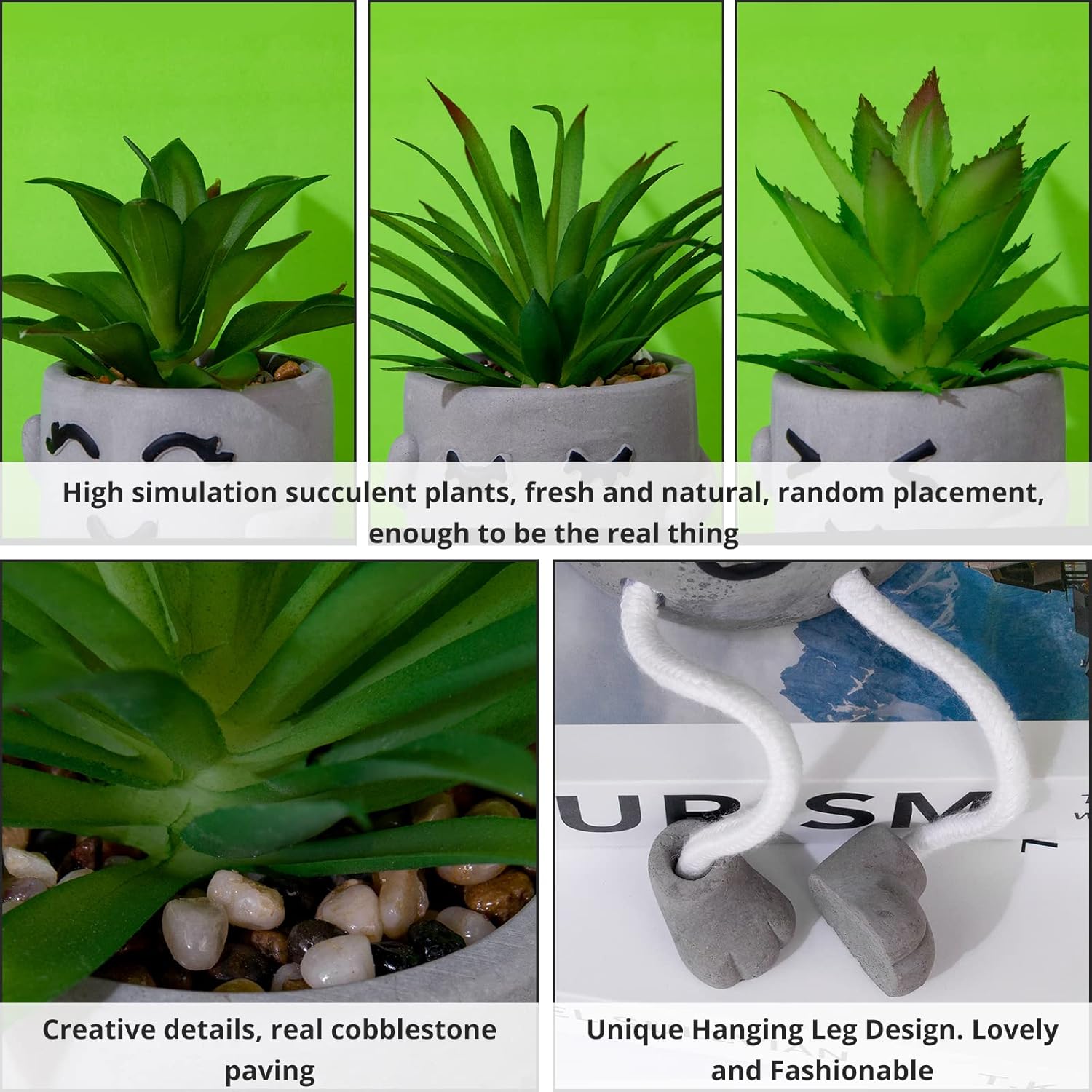 Creative Artificial Succulent Plants with Gray Pots Mini Potted Succulents Cute Fake Plants Succulents with Hanging Leg & Emotional Cement for Home Office Desk Decor and Gift Choice