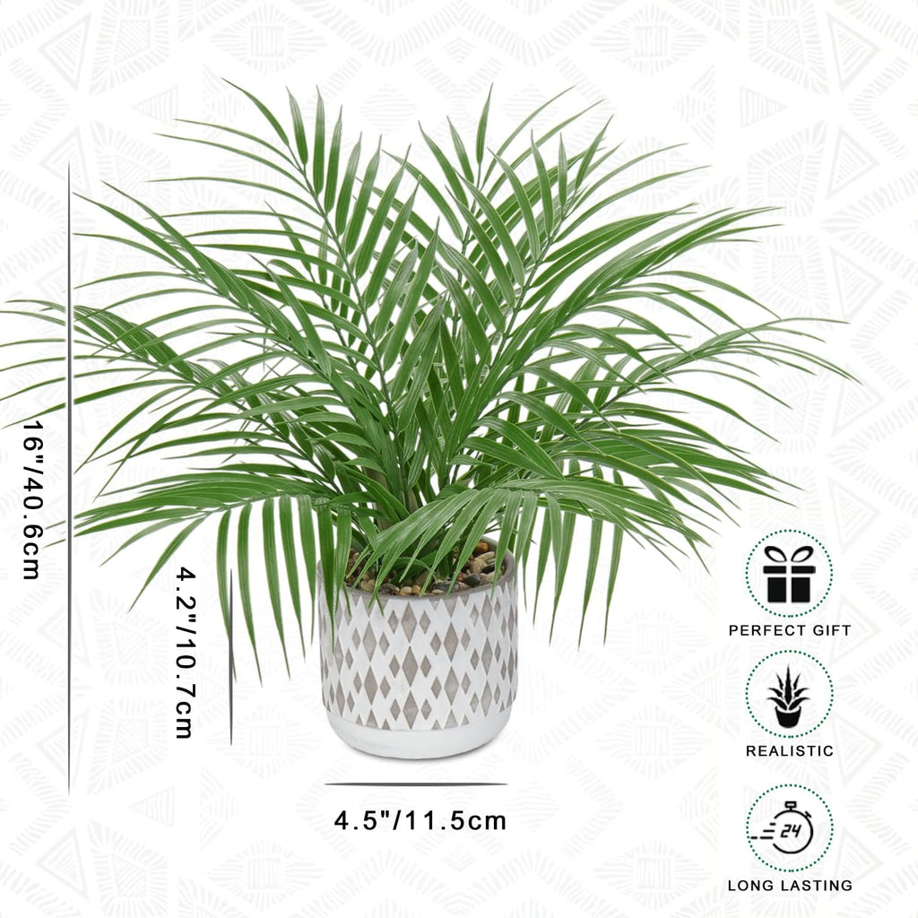 Hollyone Large Artificial Potted Plants Fake Palm Plants 16" Faux Green Plant Plastic Ceramic Tropical Palm Tree in Pots Bohemian for Home Room Office House Indoor Decorative