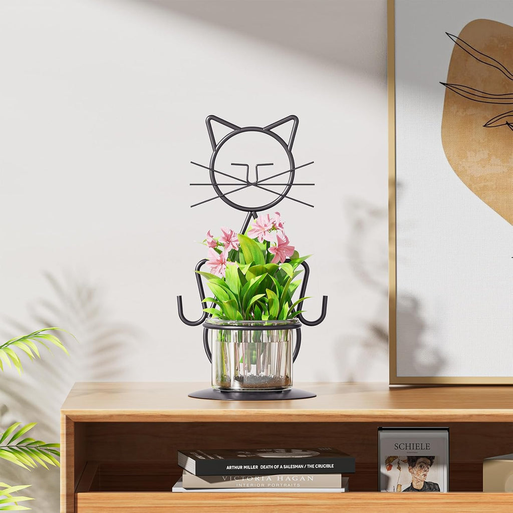 Marbrasse Plant Propagation Station, Cat Plant Terrarium with Metal Stand, Glass Planter Hydroponic Vase Birthday Gifts for Women Home Office Garden Decor Terrarium Supplies