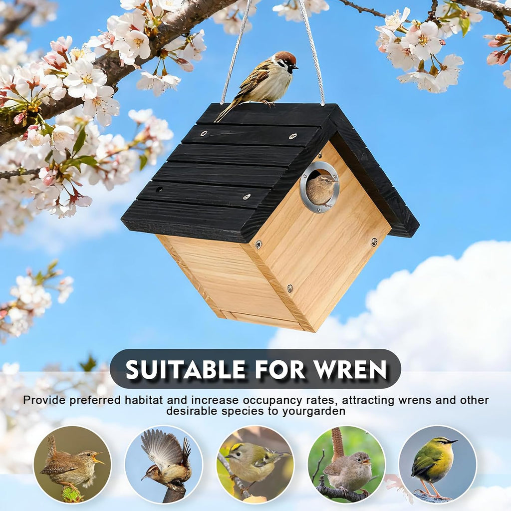 Gtongoko 1-1/8" Entrance Hole Wren House, Hanging Wren Bird Houses for Outside for Nesting with Metal Guar Bird Nest with Air Vents, Clean Door for Wildbird Watching 2 Pack Black