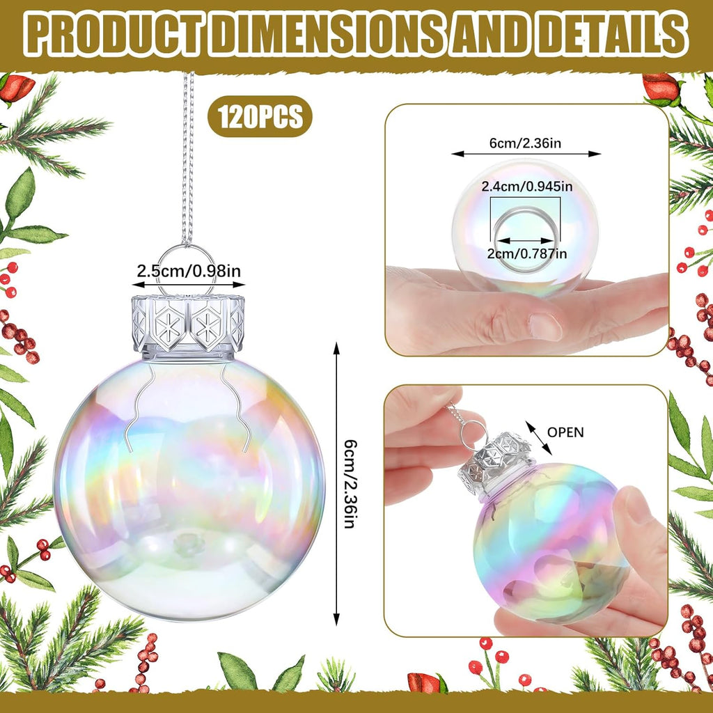 Funtery 120 Pcs Christmas Iridescent Clear Ornaments Balls Iridescent Christmas Balls for Tree Crafts Fillable Transparent DIY Hanging 2.5 Inch Rainbow Ball for Holiday Decor (Iridescence Style)