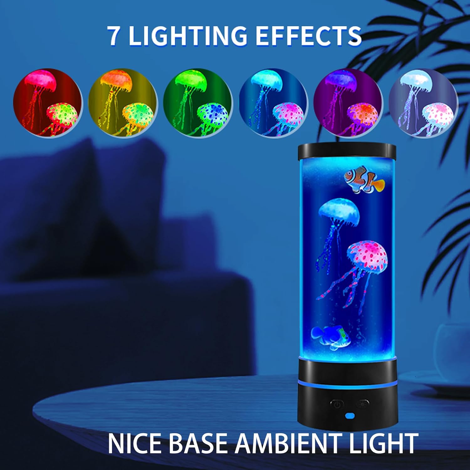 14" Black Minimalist Cylinder Jellyfish Lamp with Remote Control,with 3 Jellyfish (2 Large + 1 Small),16 Color Changes,with Stylish Blue Base Light,USB Powered,for Bedroom and Office Decoration