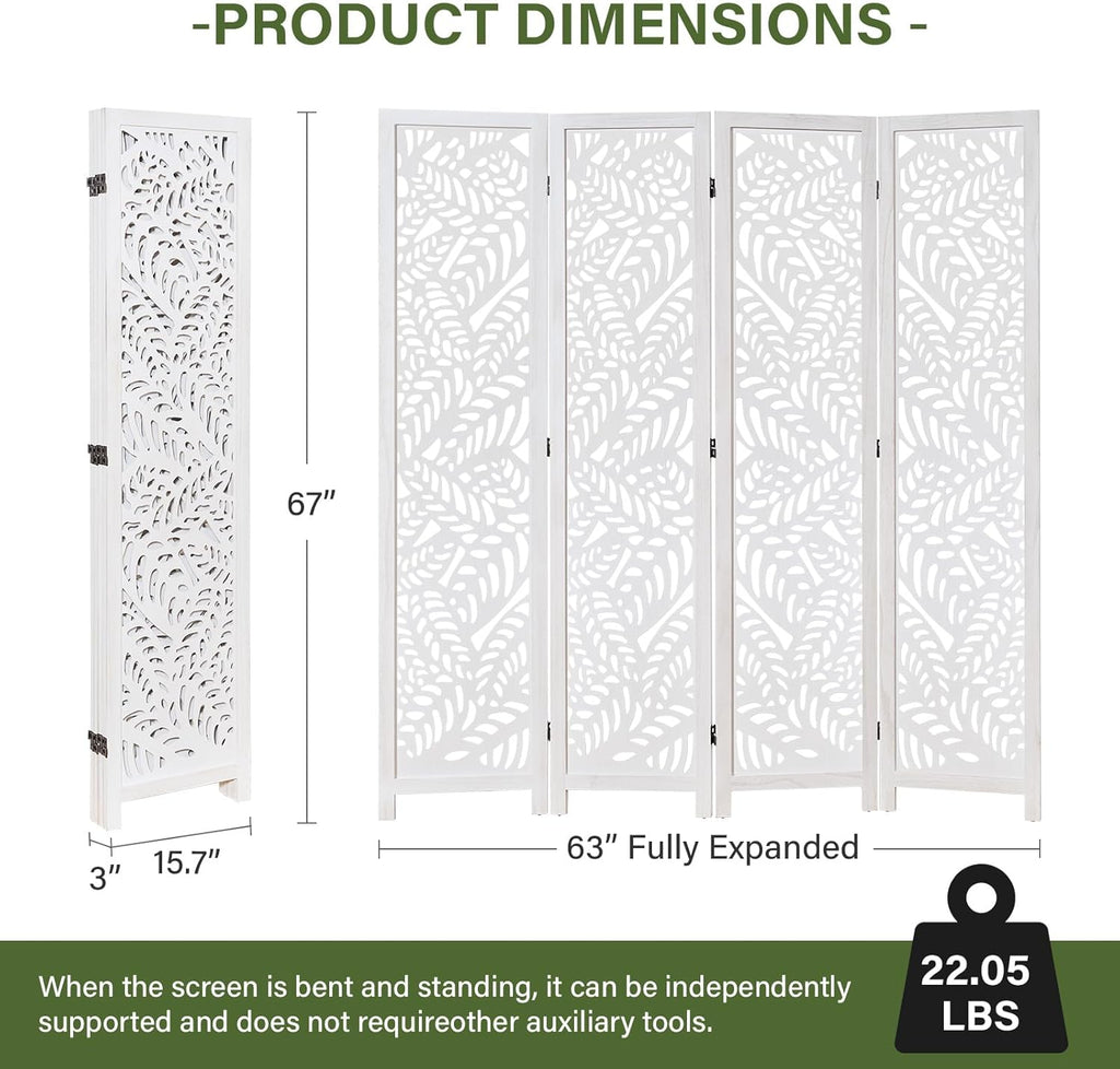 Leaf-Carved Room Divider Privacy Screen - 67 Inch Tall Foading Decorative Wood Screen Dividers Panel for Home - Natural Wood Room Partitions for Enhanced Privacy and Style White 4 Panel