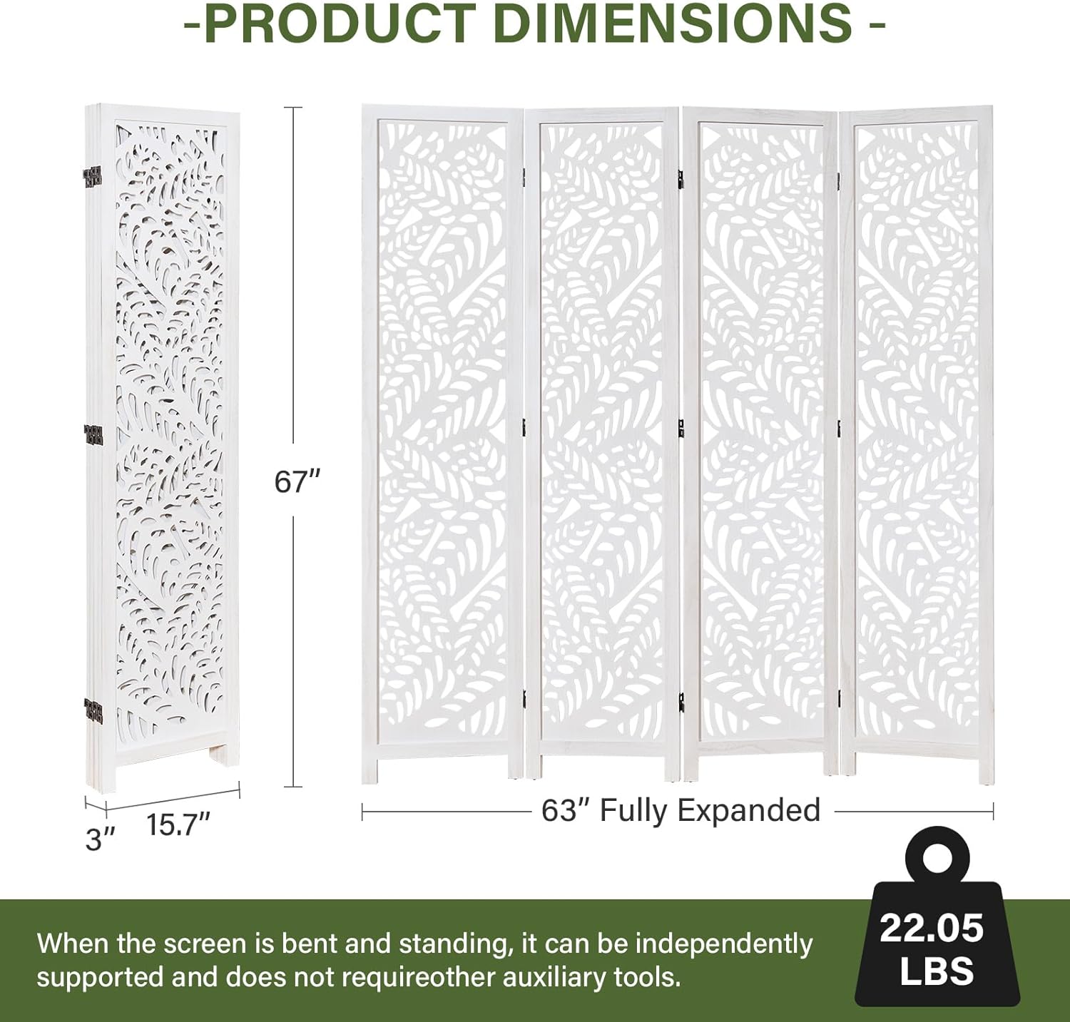 Leaf-Carved Room Divider Privacy Screen - 67 Inch Tall Foading Decorative Wood Screen Dividers Panel for Home - Natural Wood Room Partitions for Enhanced Privacy and Style White 4 Panel