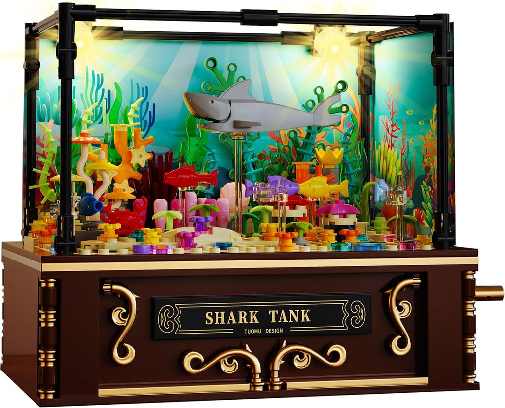 Fistone Fish Shark Tank Building Set for Kids & Adults, Lighting Aquarium Building Block Set, Includes Sharks, Seaweed and Crabs, Hand-Cranked Dynamic Animal Toy for Boys and Girls Ages 8+, 721pcs