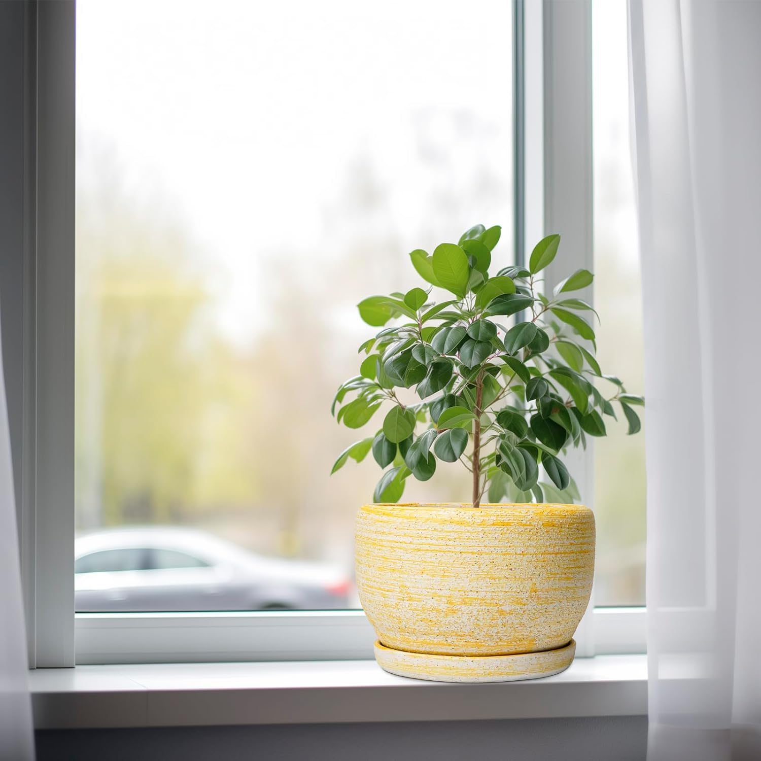 SQOWL Ceramic Flower Pots - 8 inch Plant Pot Indoor with Drainage Hole and Saucer, Modern Ceramic Planter Outdoor, Round Decorative Planter, Living Room Home Decor, Gifts for Plant Lovers, Yellow