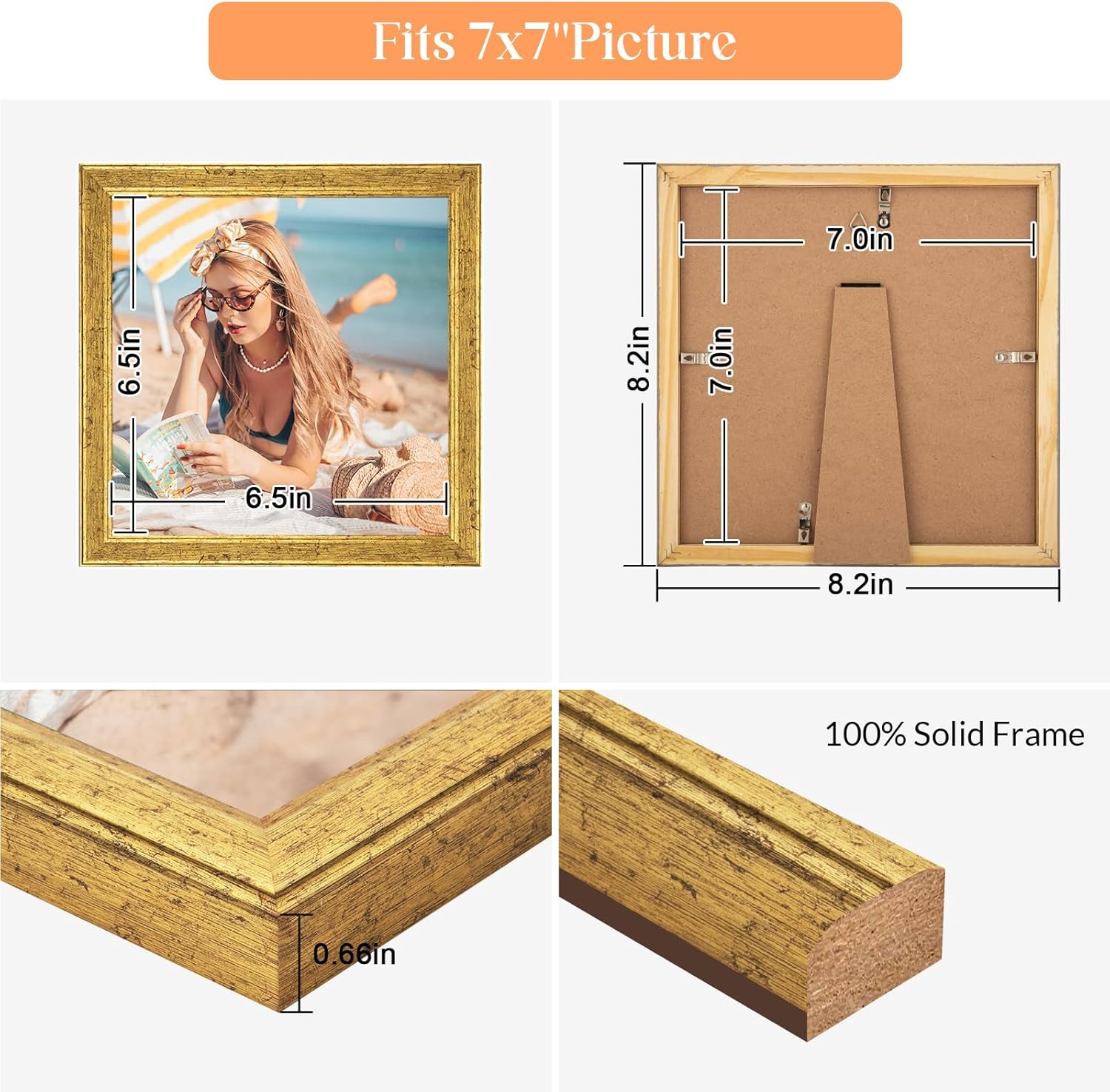 Wood 7x7 Frame Gold, Ornate Natural Wooden 7x7in Picture Frames, Modern Golden 7 x 7inch Gallery Photo Pic Frame with HD Plexiglass, Horizontal Vertical Wall Mounting Tabletop Display 1Pcs
