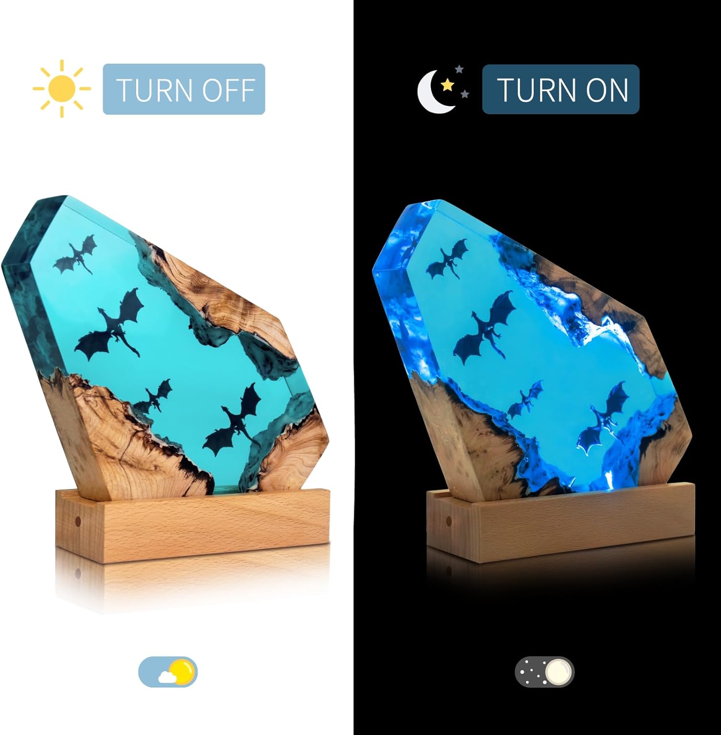 Dragon Resin Wood Lamp,ArtistryHome Decor Bedside Nightlight, Unique Resin Lighting, Nightstand Decorations for Bedroom, Suitable for Holidays