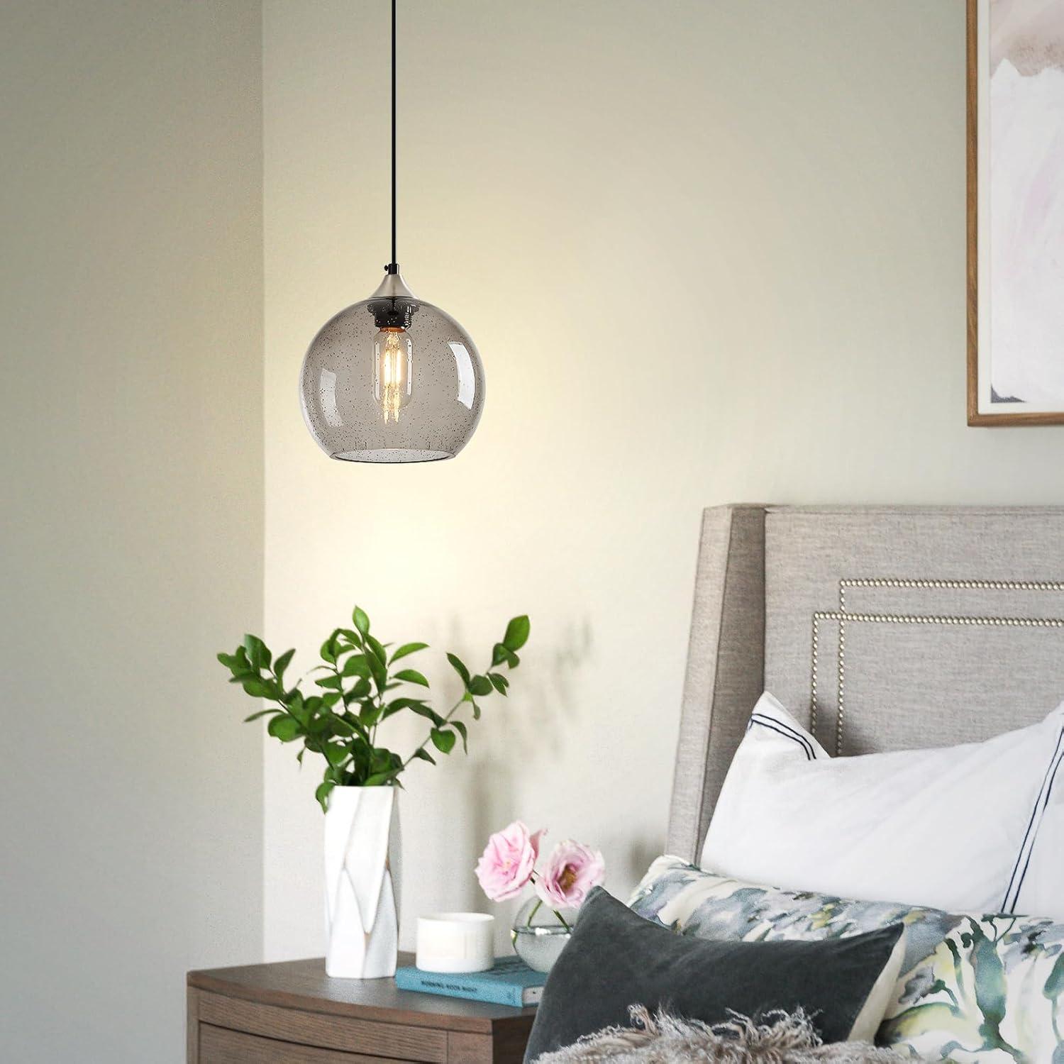 Light Grey Glass Pendant Lights Kitchen Island Lighting Globe Pendant Light Fixtures Modern Pendant Lighting for Bedroom Living Dining Room Light Fixture (7.87 in, 3 Pack)