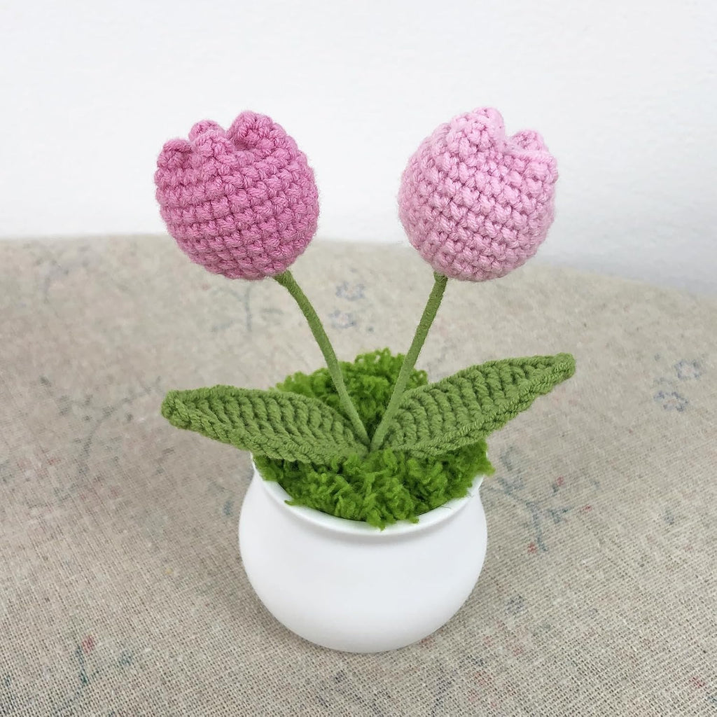 Crochet Flowers Cute Little Potted Flower, Gift for Birthday, Teacher’s Day, Graduation, Anniversary, Christmas, Decor for Car Dashboard,Home Office Decoration (Pink Gradient Tulips)