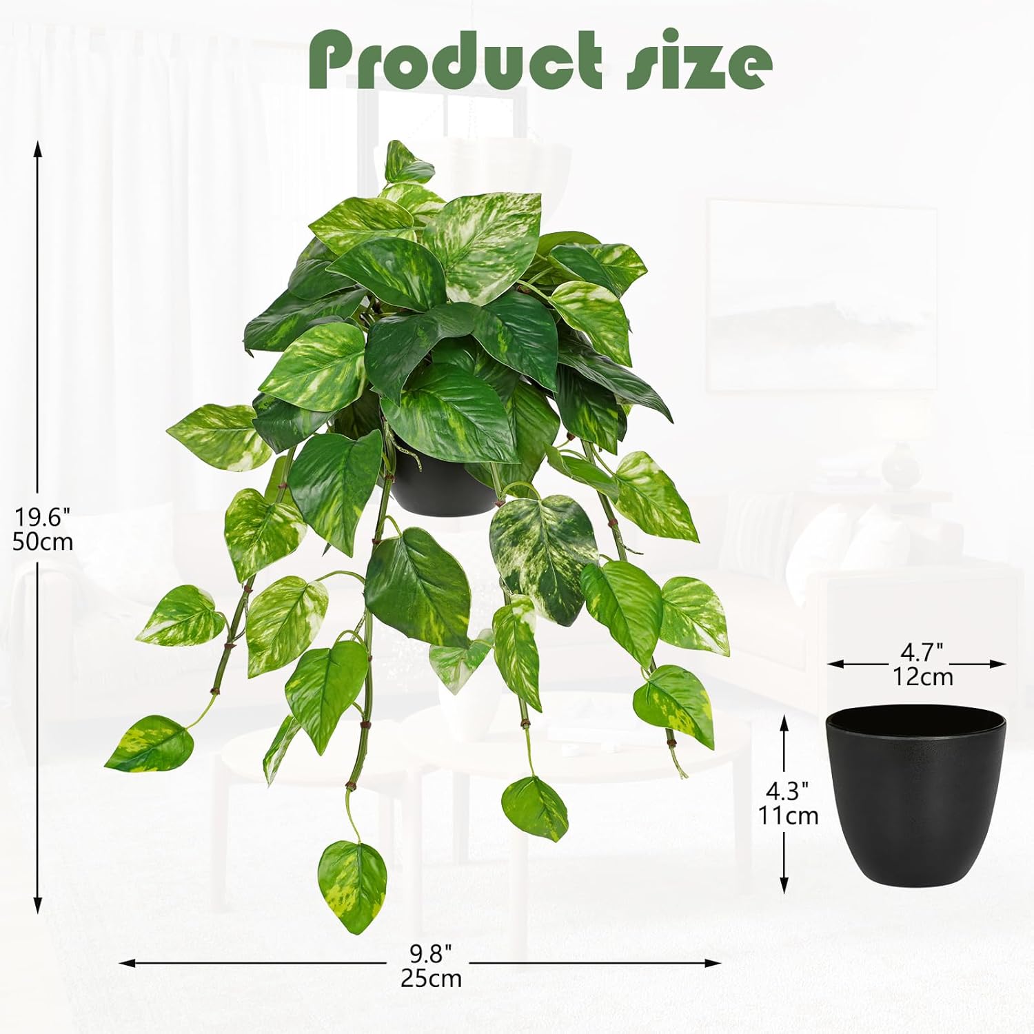 Hollyone Artificial Hanging Pothos Plants Potted Fake Ivy Faux Pothos Vine Leaves Hanging Greenery Plant in Black Pot for Home Indoor Tabletop Bedroom Patio Shelf Office Decor