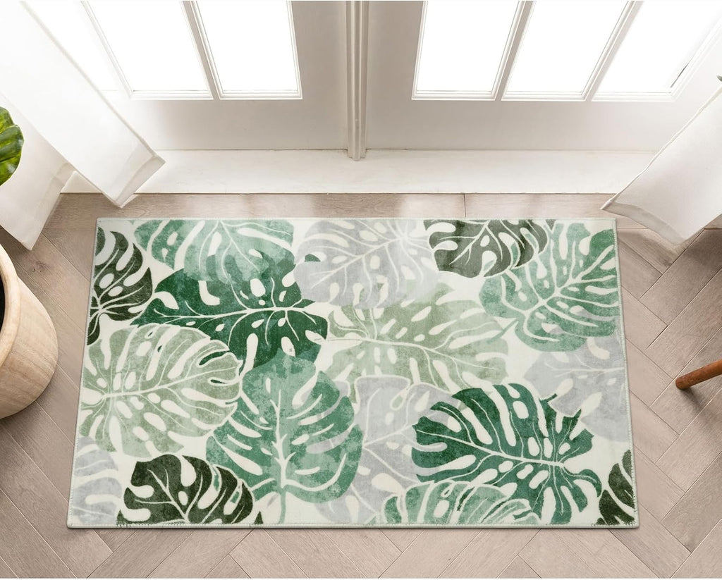 Wonnitar Tropical 2x3 Small Bathroom Rug, Washable Green Leaf Bath Mat, Non-Slip Cute Monstera Kitchen Sink Throw Rug, Low Pile Non-Shedding Floor Carpet for Bedside Dorm Doormat Decor