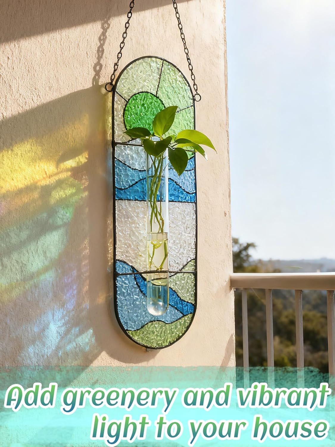 Stained Glass Plant Propagation Stations - Handmade Sunshine Catcher Hydroponic Planter Window Hanging with Glass Tubes, Christmas Terrarium Decor Gifts for Women Mom Plant Lovers, Green