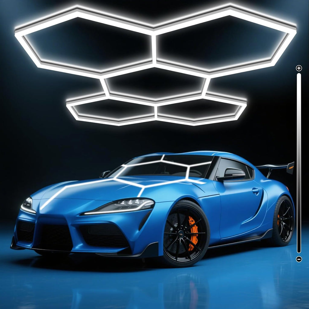 BRILLIHOOD Hexagon Garage Lights, 10-100% Dimmable LED Honeycomb Lights, 23040LM, 6500K Super Bright, 5 Grid Systems Car Detailing Lighting for Warehouse Workshop Basement Gym