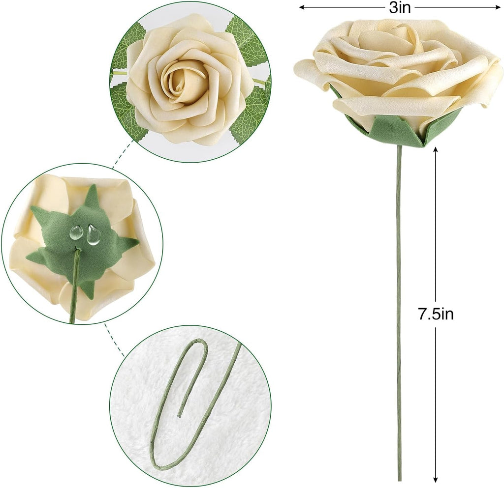 AmyHomie 25pcs Real Looking Artificial Beige Roses w/Stem for DIY Wedding Bouquets Centerpieces Arrangements Party Baby Shower Valentines Day Christmas Tree Decorations