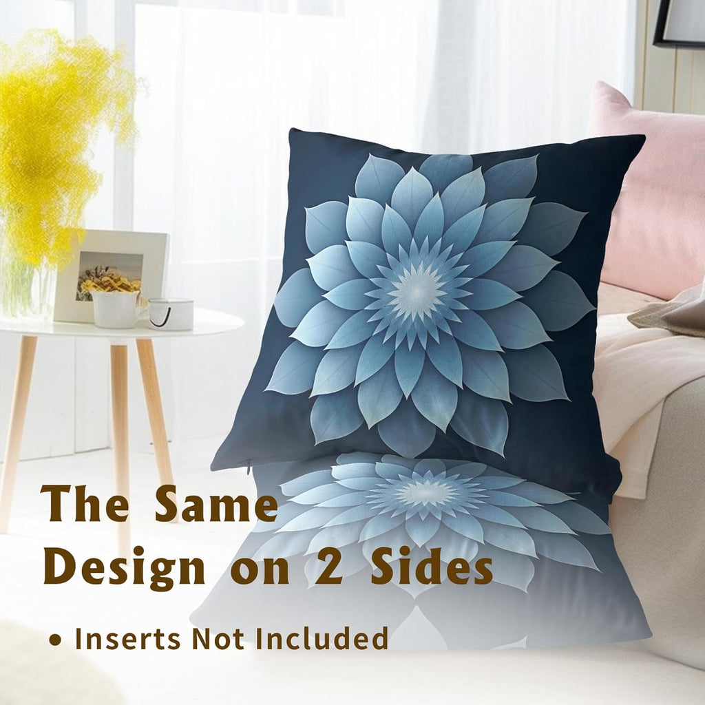 Soothing Blue Floral Mandala Throw Pillowcases Set of 2 All-Season Soft Pillow Covers with Hidden Zipper,Durable for Sofa Bed Car Decor & Gift 18x18Inch