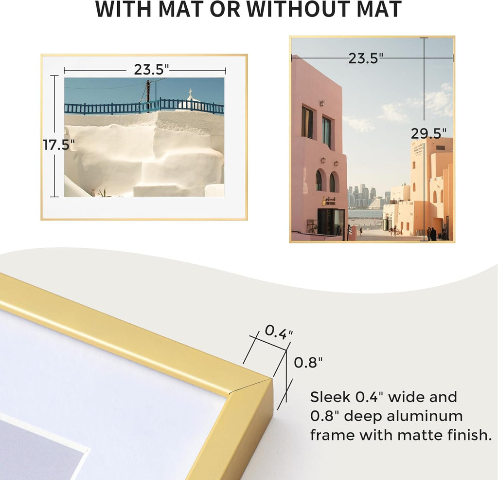 24x30 Metal Picture Frame with 18x24 Mat, Brushed Aluminum Finish, Tempered Glass Front, and Attached Hanging Hardware - Versatile Wall Display Frames for Vertical or Horizontal Orientation(Rose Gold,