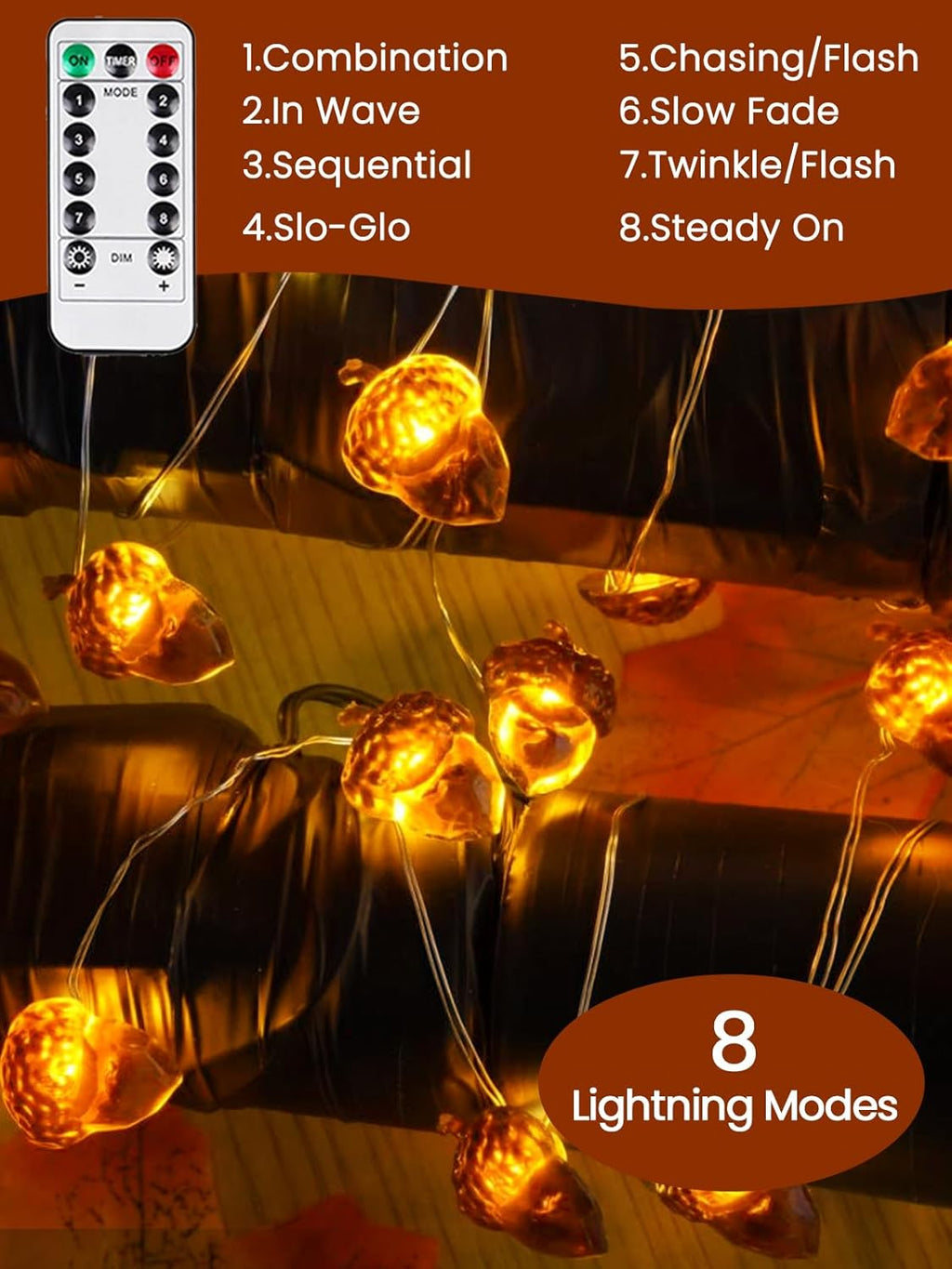 BOSSERN 2 Pack 60LED Thanksgiving Decoration Acorn String Light Battery Operated, 20FT Fall Lights with Remote, Waterproof 8 Modes Fairy Lights for Autumn Harvest Thanksgiving Halloween Decor