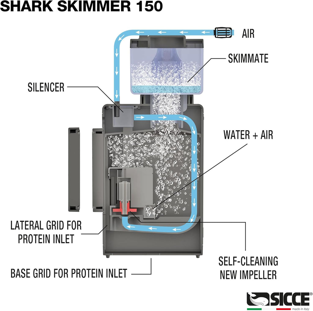 Sicce Shark Nano Protein Skimmer 150 up to 40 Gallon Saltwater Aquariums | Ultra Quiet Pump, Adjustable, Compact, Small Aquarium Marine Reef Tank