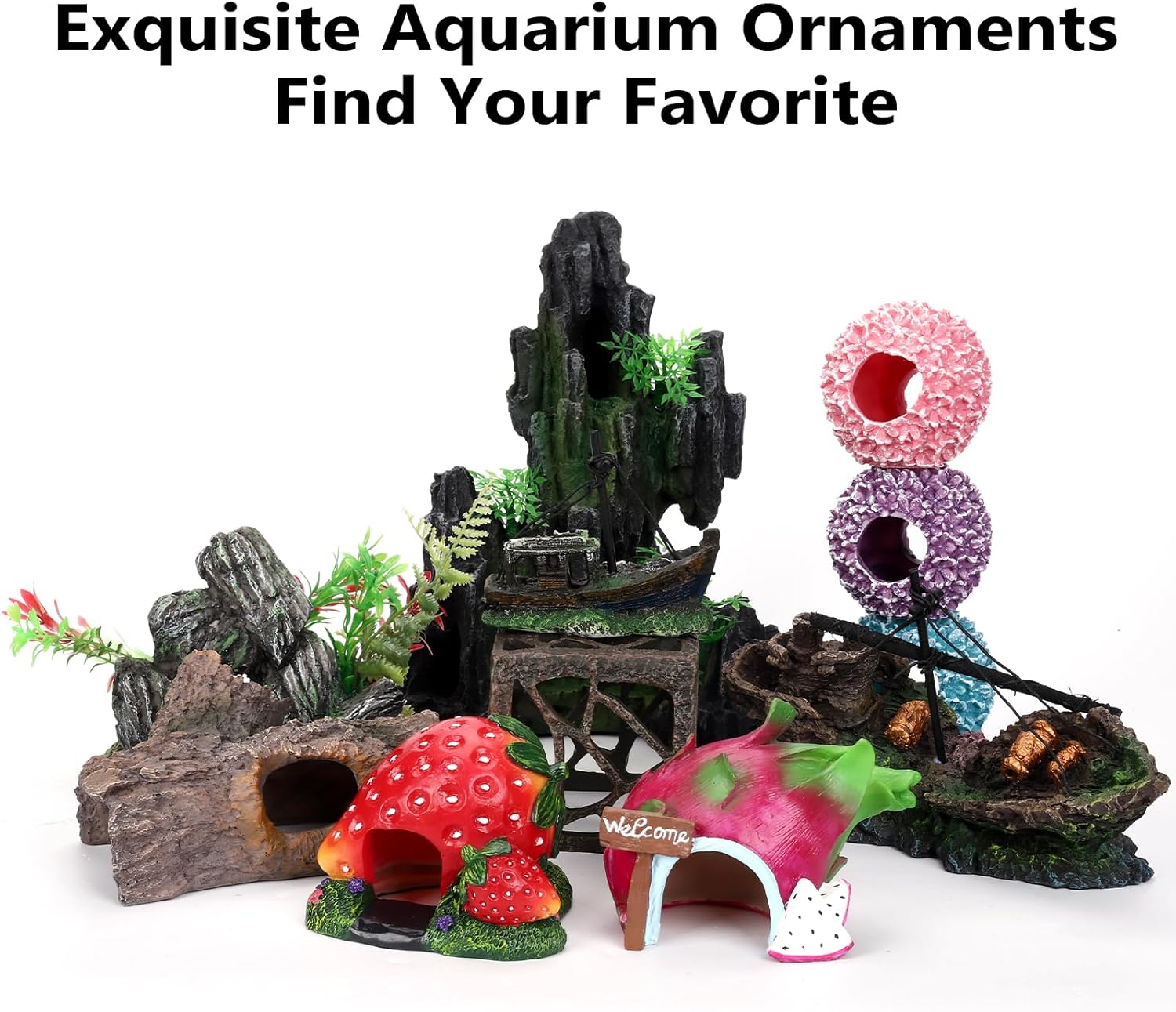Strawberry Aquarium Decoration Resin-Cute Fish Tank Ornament with Hiding Cave for Betta & Small Fish-Approx. 4.7" L x 4.3" W x 3.5" H (Strawberry)