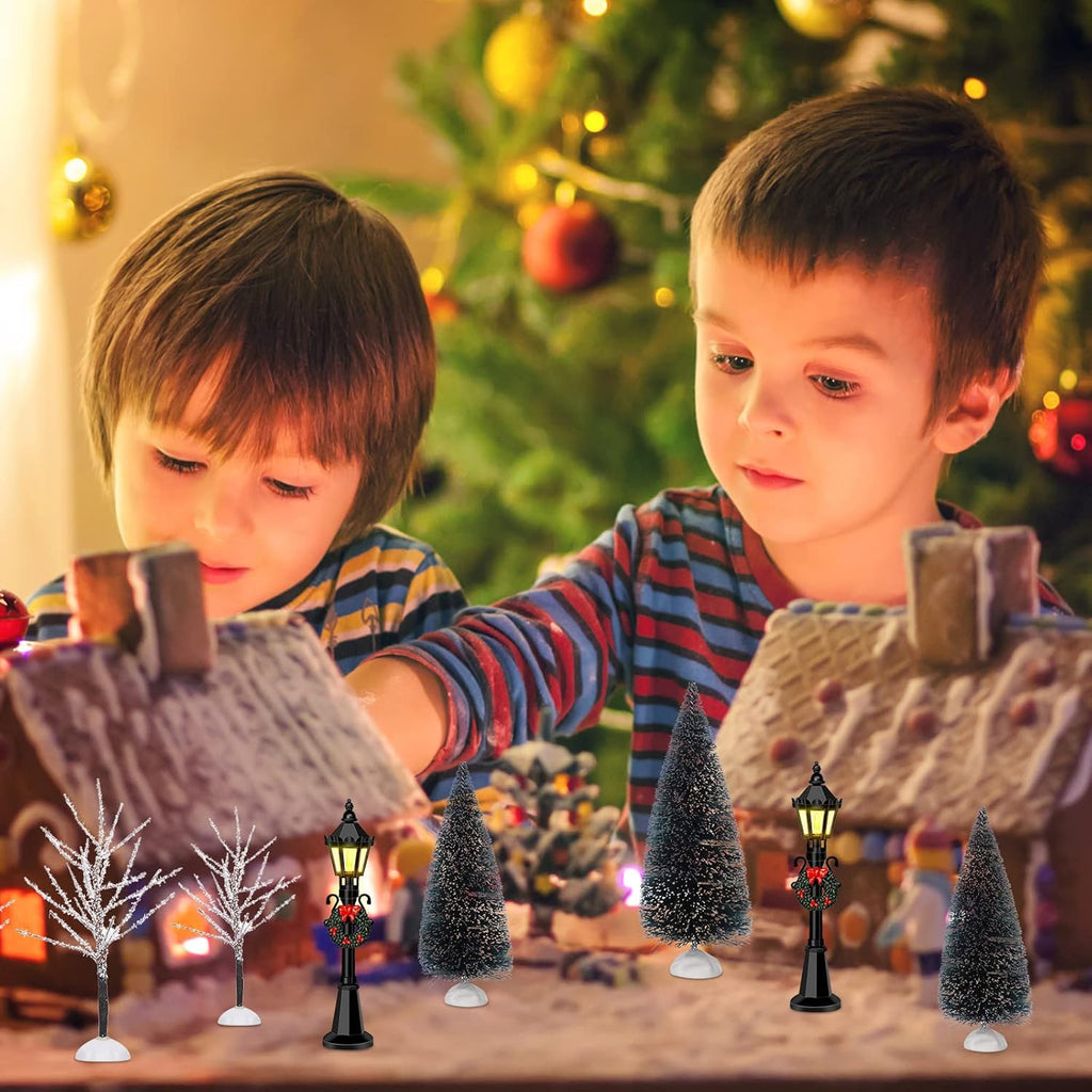 Couome Christmas Village Decor Set, 12 Pieces Including Mini Trees and Street Lamps, Ideal for Displays