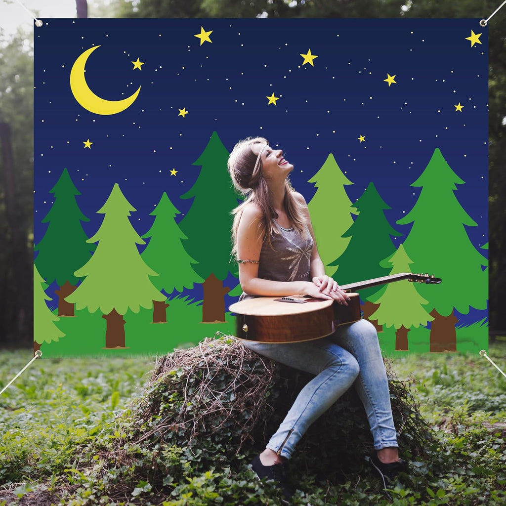 6 x 8 ft Enchanted Forest Camping Backdrop Scene Camping Background Supplies Forest Night Scene Photography Background for Theme Party Photo Banner Decoration