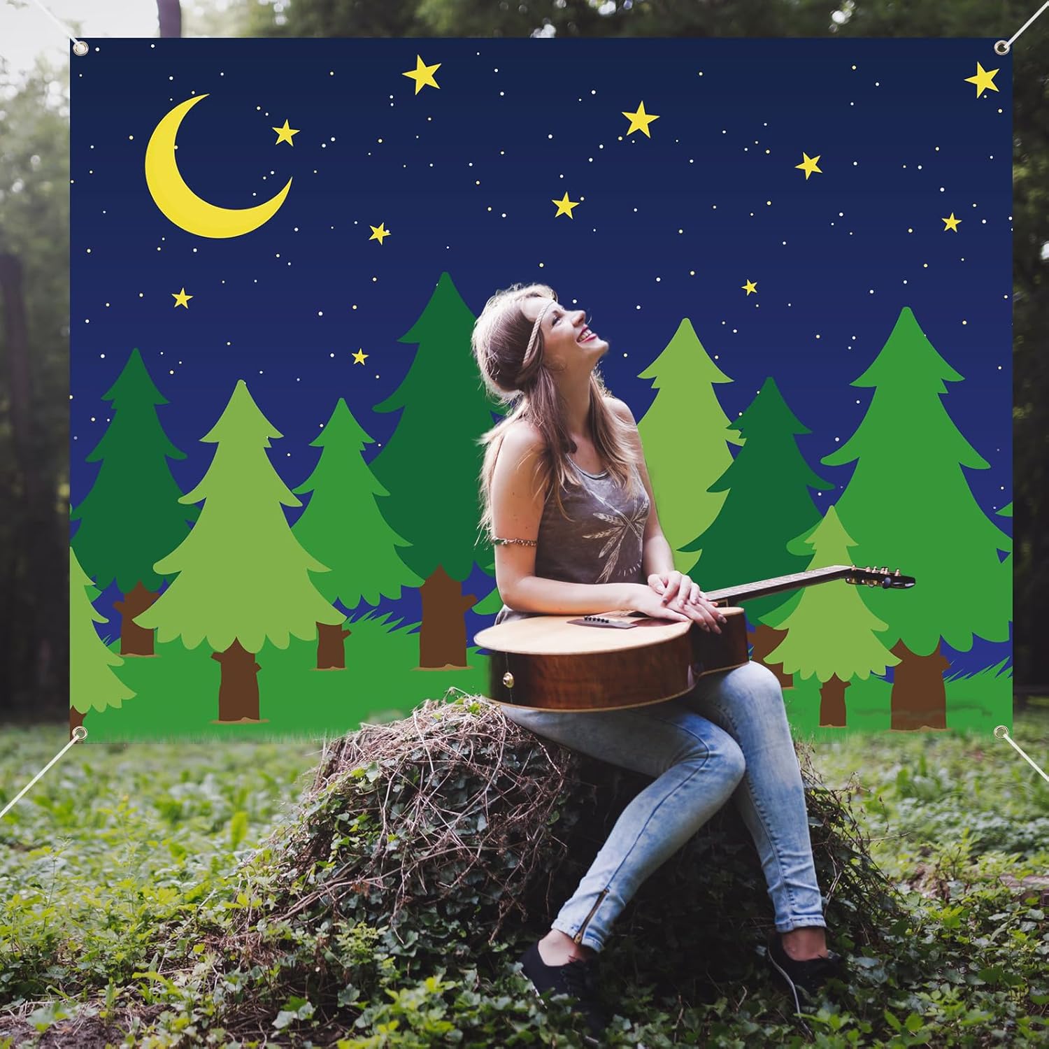 6 x 8 ft Enchanted Forest Camping Backdrop Scene Camping Background Supplies Forest Night Scene Photography Background for Theme Party Photo Banner Decoration