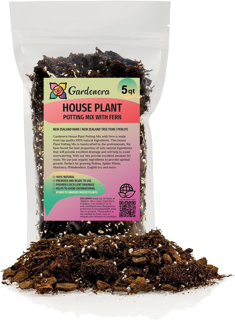Premium Gardenera House Plant Potting Mix | Fern + New Zealand Bark + Perlite | Great for Pothos, Spider Plants, Montsera, Philodendron, English Ivy - 5 Quart Bag