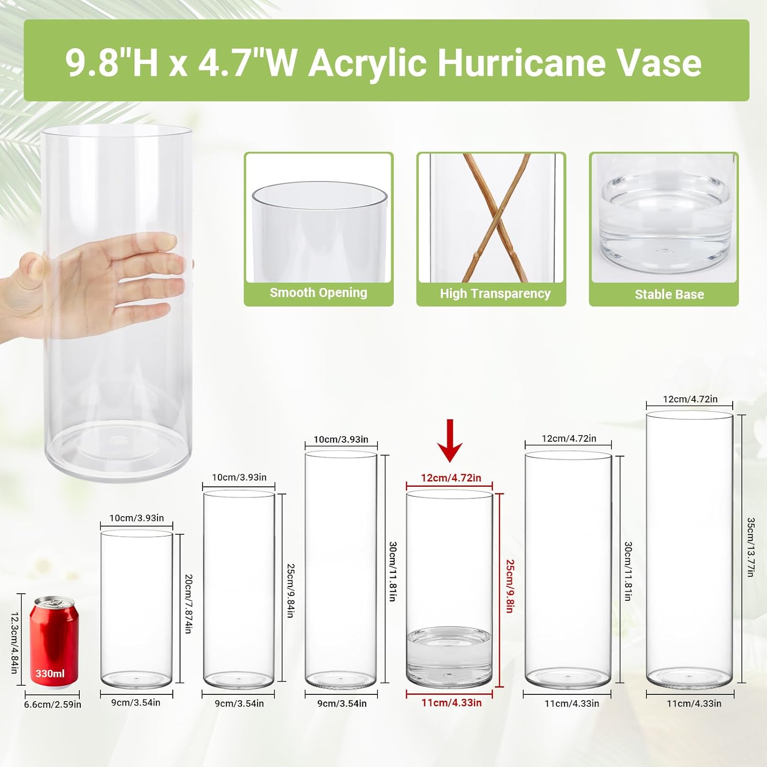 SUREAM Plastic Vases for Centerpieces, 9.8 Inch Tall Hurricane Candle Holder, Acrylic Containers for Organization, Clear Flower Vase for Wedding, Party, Dinners, Event, Home, Office Decoration
