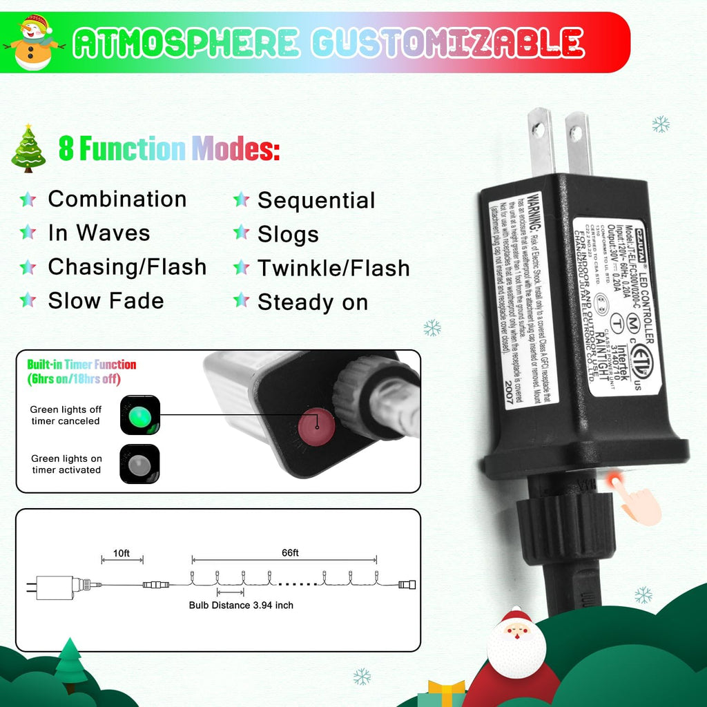 JMEXSUSS 200 LED Red White and Green Christmas Lights Outdoor, 66ft Connectable Twinkle String Lights Plug in, 8 Modes Waterproof Christmas Tree Lights for Outside Indoor Yard Xmas Decoration
