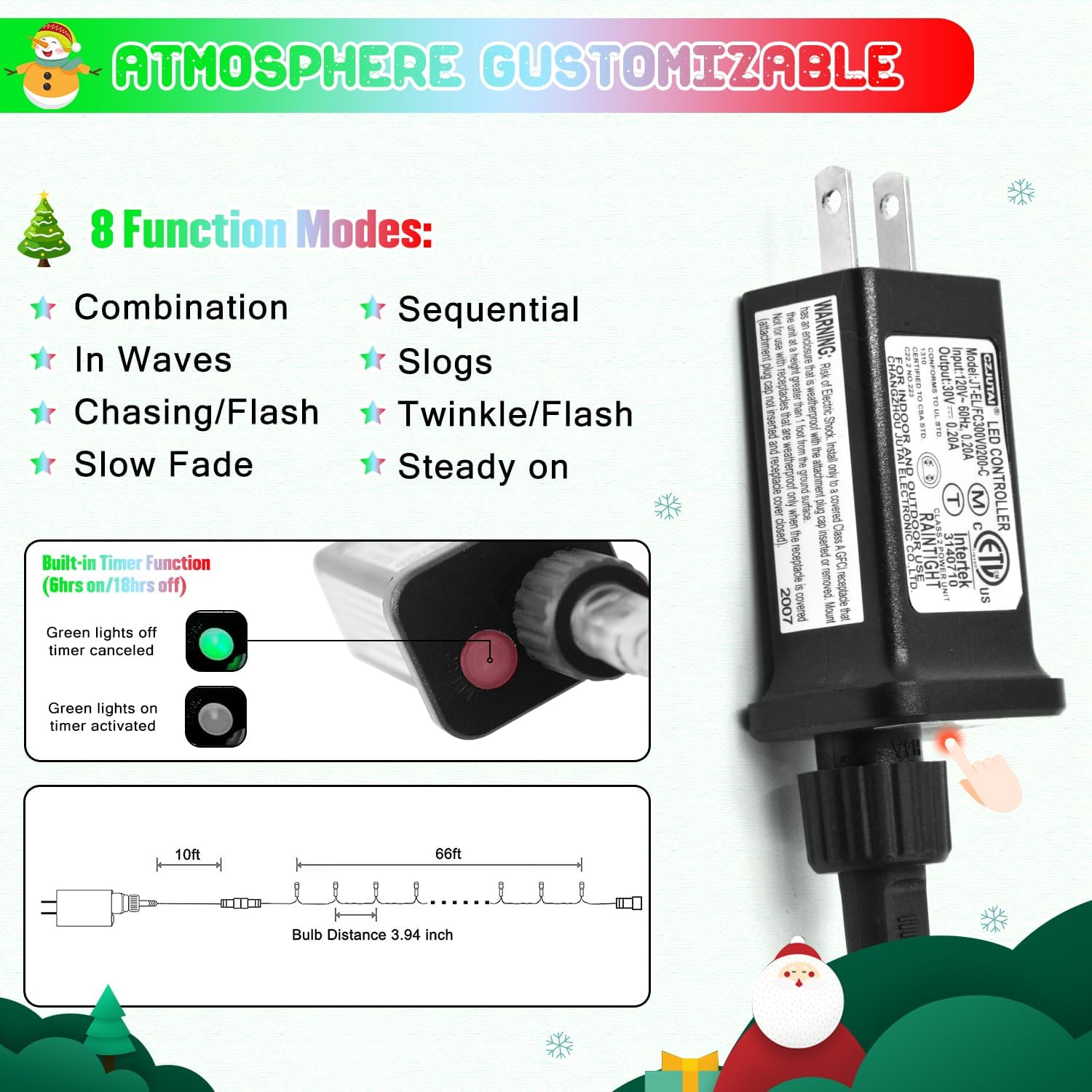 JMEXSUSS 200 LED Red White and Green Christmas Lights Outdoor, 66ft Connectable Twinkle String Lights Plug in, 8 Modes Waterproof Christmas Tree Lights for Outside Indoor Yard Xmas Decoration