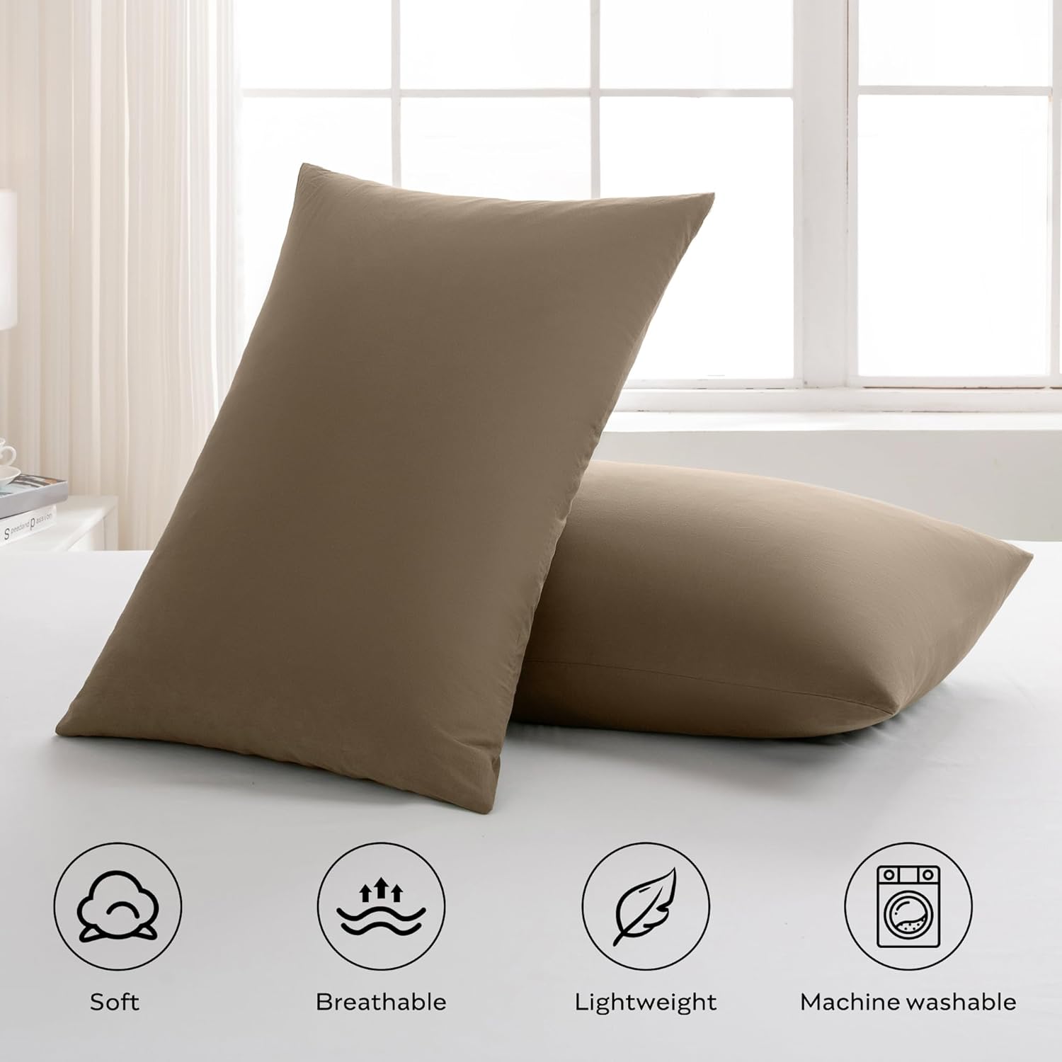 JELLYMONI Pillowcases Standard Set of 2 Cotton Envelope Pillow Covers Khaki 20×26in Bed Pillow Cases 100% Washed Cotton Soft Breathable (Pillows are not Included)