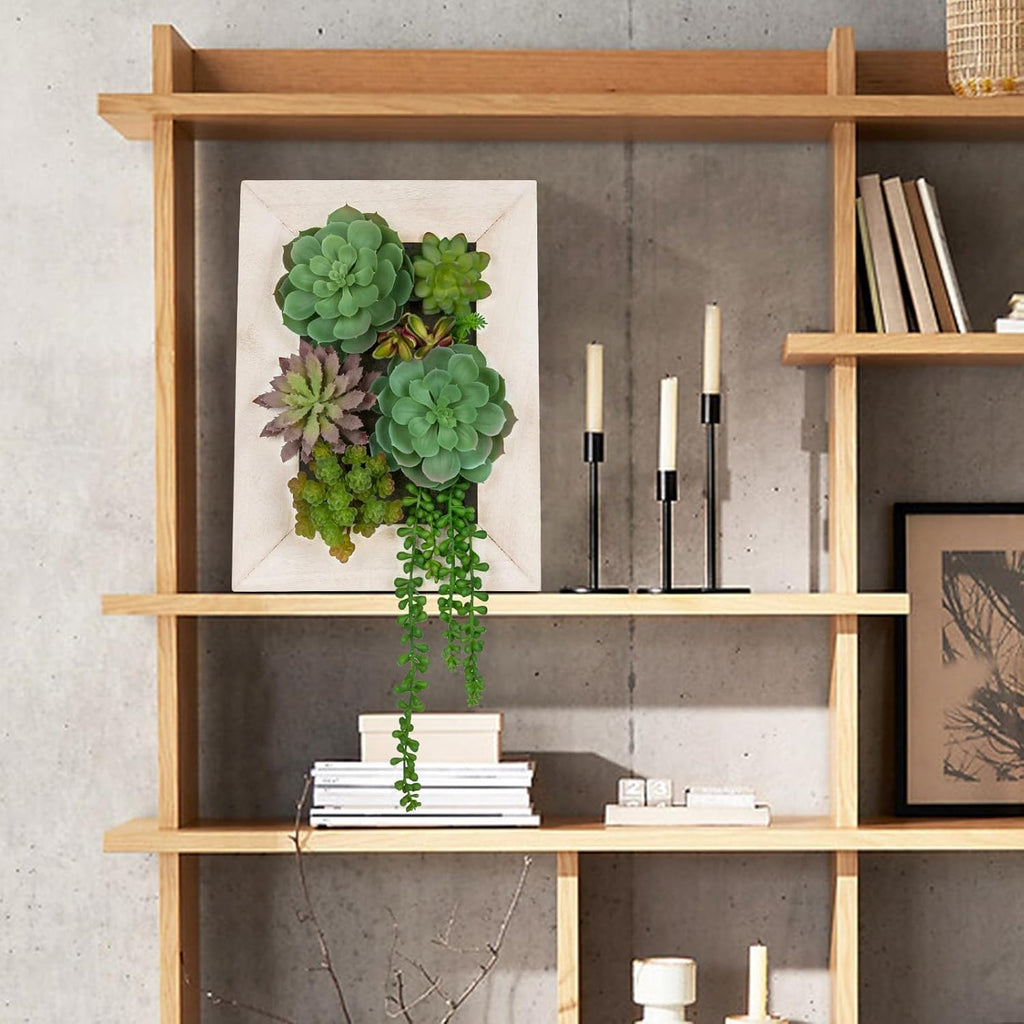 Wall Artificial Succulent Hanging Decor Plants Fake Succulents String of Pearls Arrangement with Wooden White Frames Faux Plants Hanging Boho Decor for Livingroom Bedroom Home Decor 10.2"x 2.3"x 13.7"