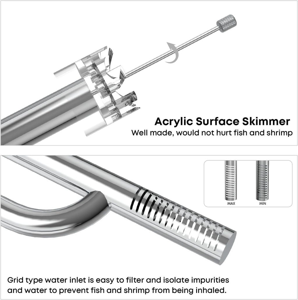 FZONE Aquarium Stainless Steel Skimmer Lily Pipes Inflow and Outflow with Spin Skimmer and Adjustable Rod for Aquarium Filter 5/8''(16/22mm) Tubing