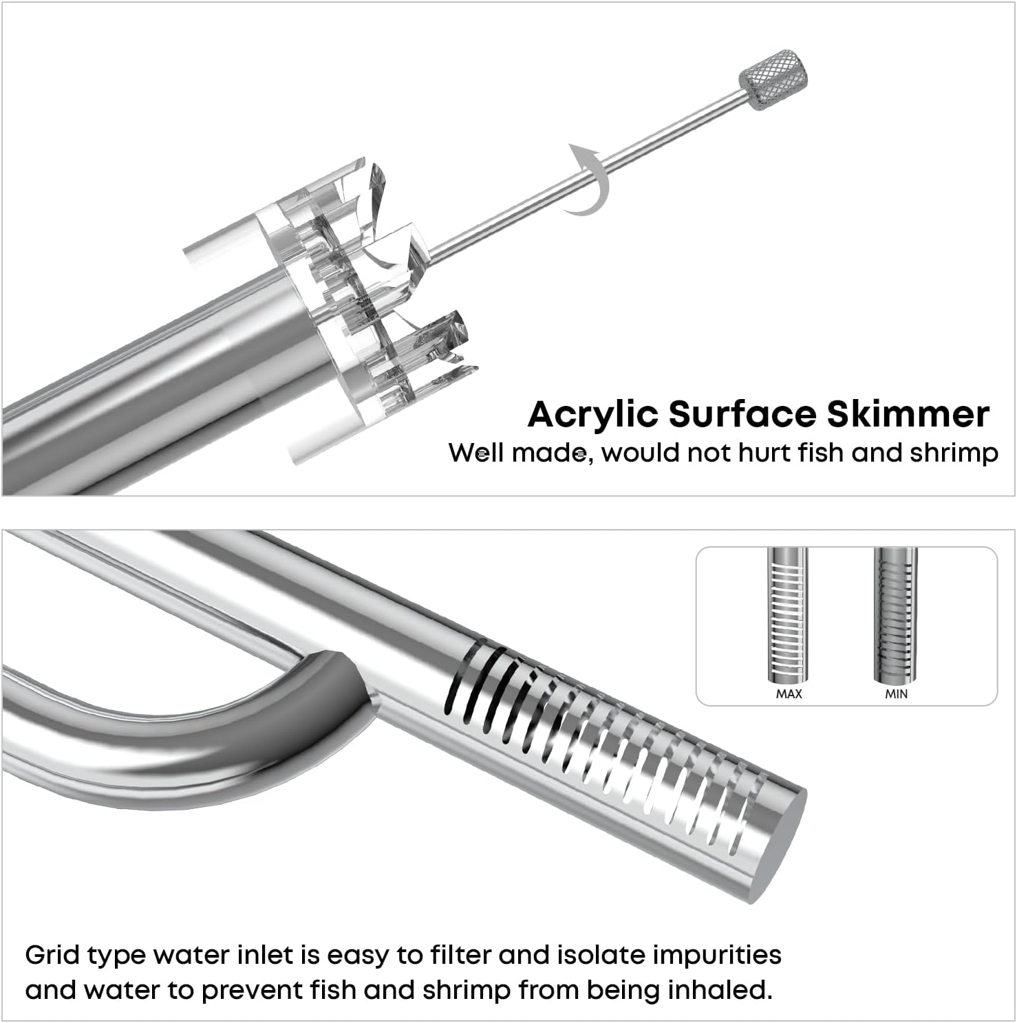 FZONE Aquarium Stainless Steel Skimmer Lily Pipes Inflow and Outflow with Spin Skimmer and Adjustable Rod for Aquarium Filter 1/2''(12/16mm) Tubing