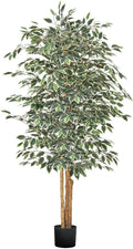 VEVOR 6FT Artificial Ficus Tree with Black Pot, Tall Faux Ficus Plant with Natural Wood Trunk and Realistic Green Leaves, Indoor Fake Silk Tree for Home, Office, Living Room, or Corner Décor
