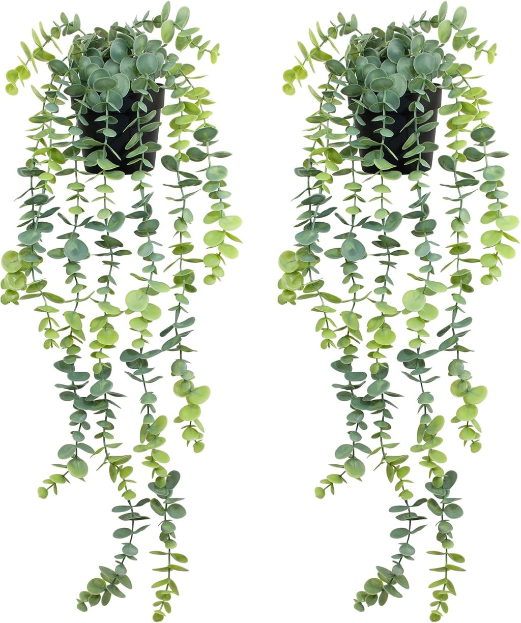 LOYWREE 2 Pack Fake Hanging Plants Artificial Eucalyptus Small Potted Long Vine Plant for Indoor and Outdoor Shelves, Walls, Rooms, Homes, Offices, and Gardens Decor (Black Pot)