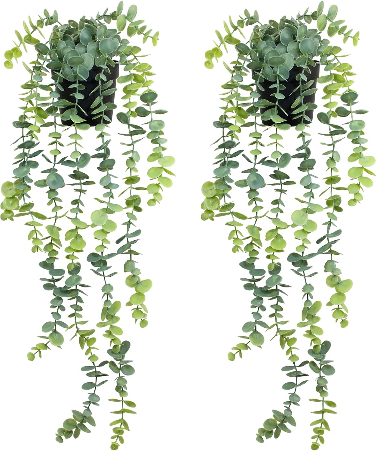 LOYWREE 2 Pack Fake Hanging Plants Artificial Eucalyptus Small Potted Long Vine Plant for Indoor and Outdoor Shelves, Walls, Rooms, Homes, Offices, and Gardens Decor (Black Pot)