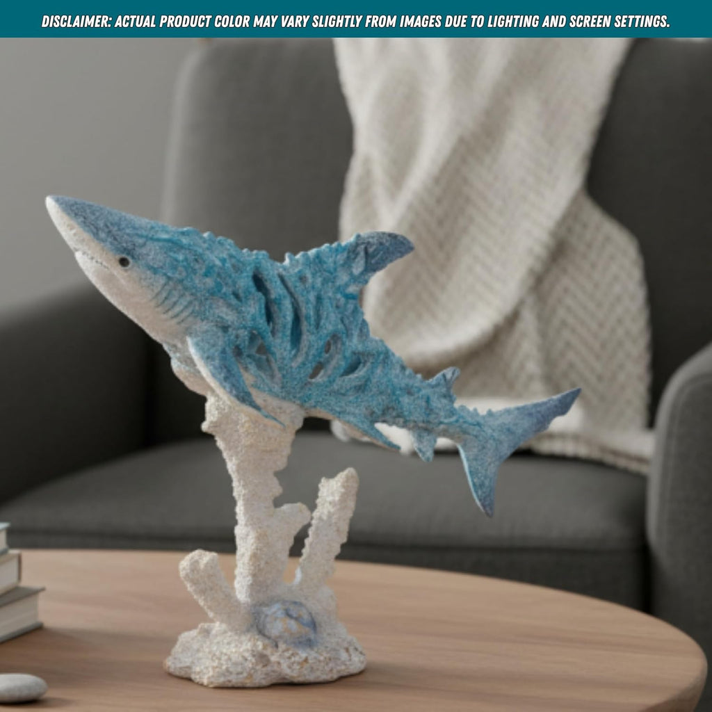 Decorative Shark Figurine 12 Inch Aqua Blue Coral-Look Sculpture with Coral Base Nautical Room Accents Coastal Tabletop Decor
