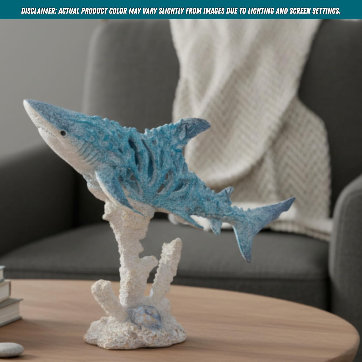 Decorative Shark Figurine 12 Inch Aqua Blue Coral-Look Sculpture with Coral Base Nautical Room Accents Coastal Tabletop Decor