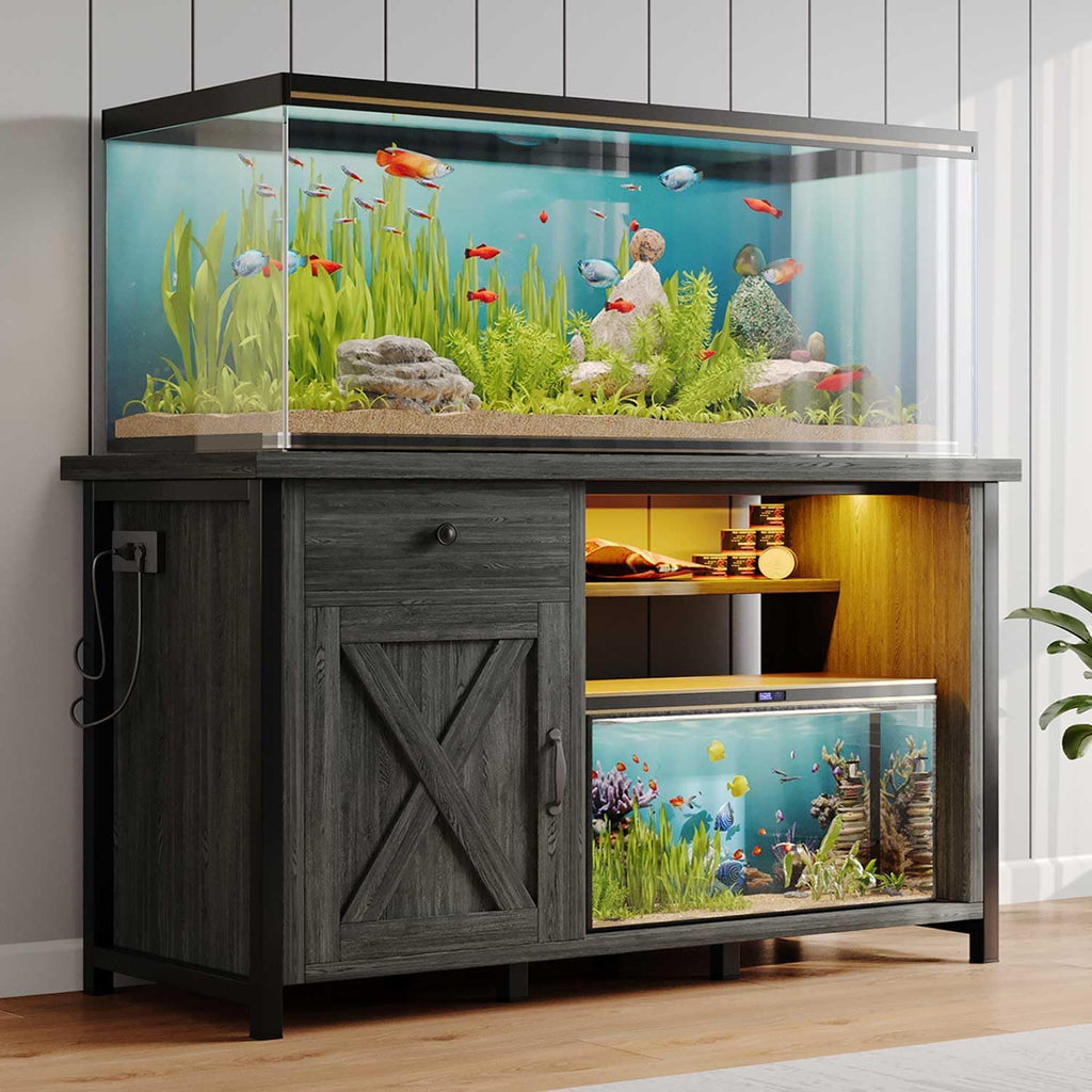 4ever2buy 55-75 Gallon Fish Tank Stand with Power Outlets, LED Light, Heavy Duty Aquarium Stand with Cabinet for Fish Tank Accessories Storage, for Turtle Tank, Reptile Terrarium, 1100LBS, Gray