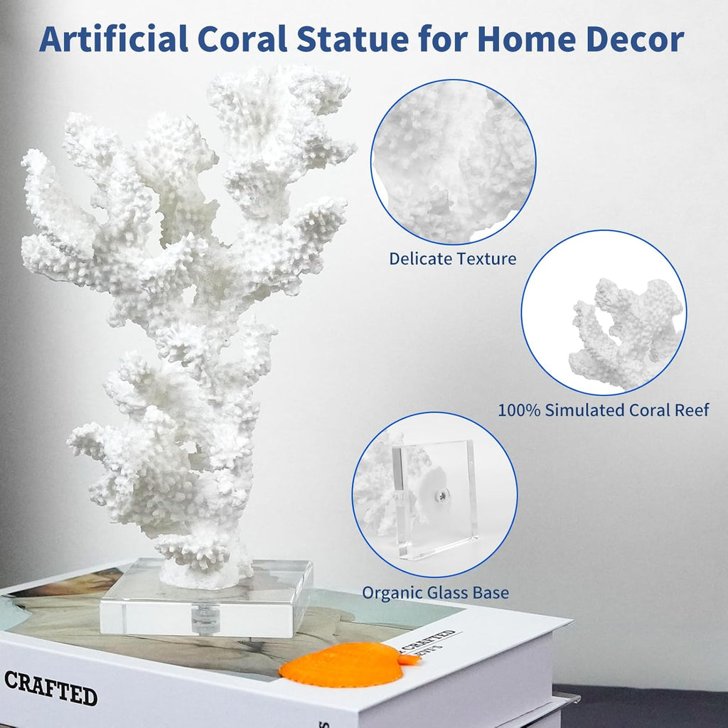 Coral Beach Decor, 9.5'' High x 5.2'' Width Artificial Resin Coral Reef Statue for Ocean Coastal Beach Nautical Themed Room Bathroom Decor for Home,RB1002W,White