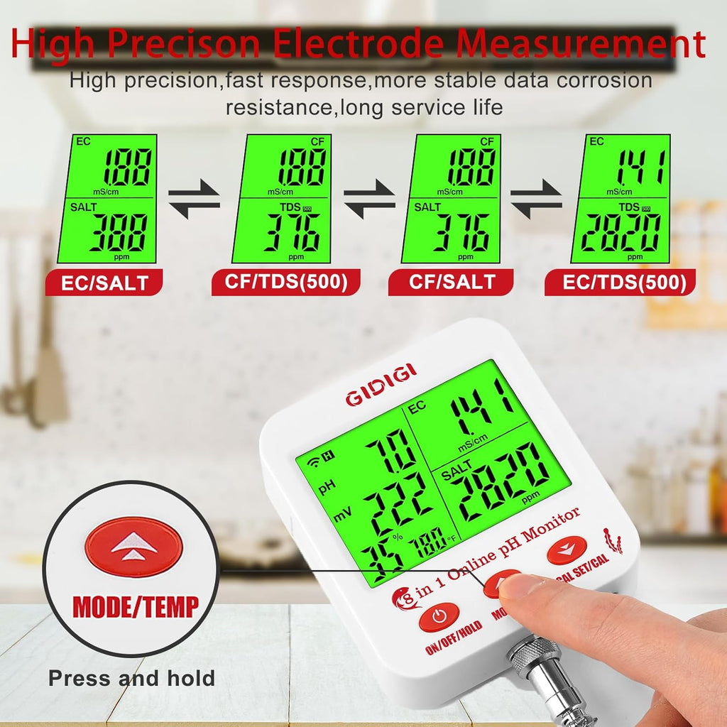 Digital pH EC Meter Smart Hydroponics pH Meter with WiFi for Real Time Large Screen with Multiple Parameters Displayed Simultaneously pH EC Monitor Salt Meter ORP Tester for Aquarium