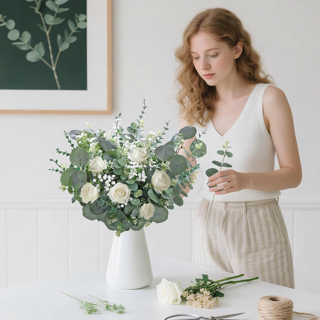 KHOYIME Artificial Eucalyptus Greenery Stems 120PCS with 4 Kinds of Mixed Faux Babys Breath Flowers Fake Green Leaves Plants Bulk, DIY Floral Bouquets Arrangement for Wedding Party Table Home Decor