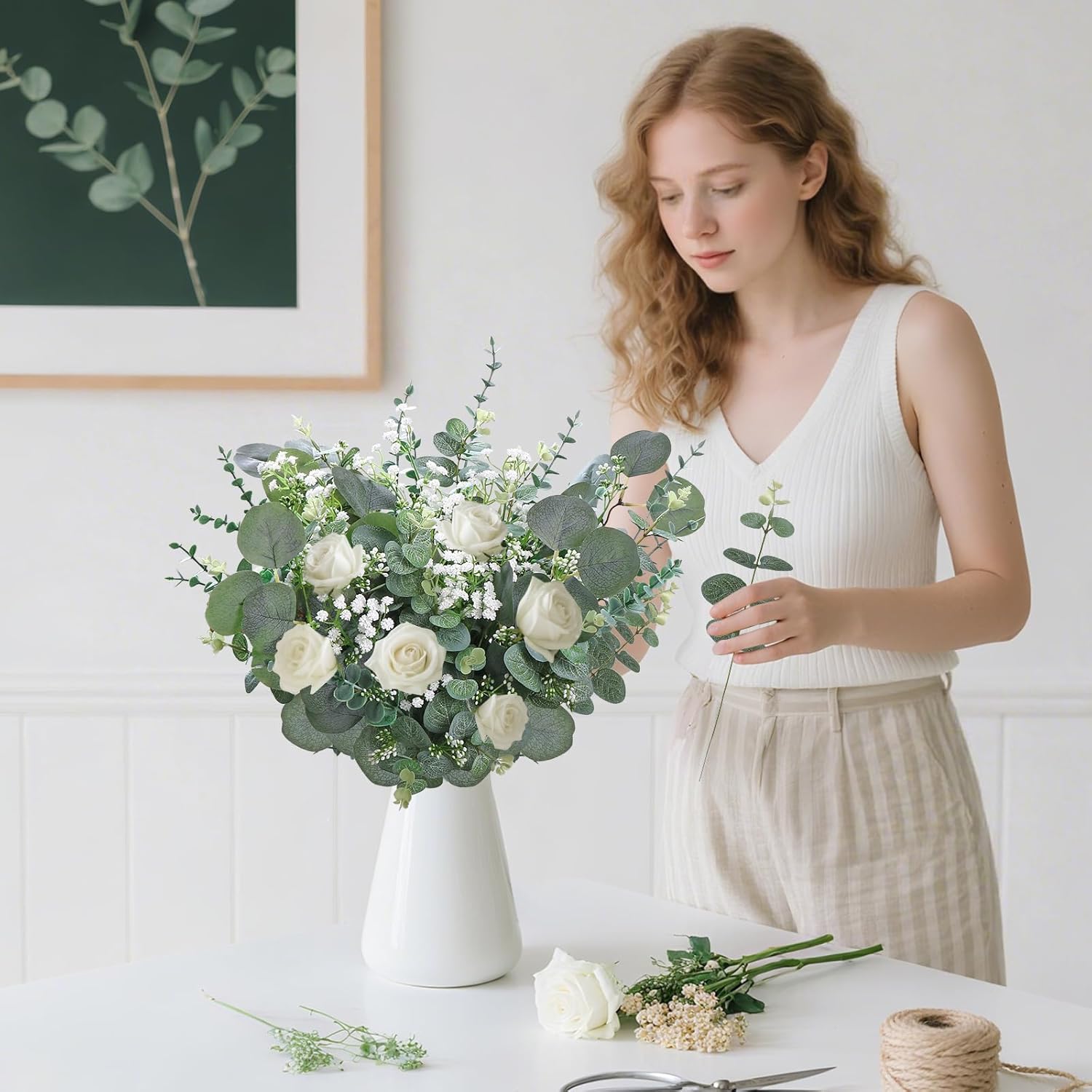 KHOYIME Artificial Eucalyptus Greenery Stems 120PCS with 4 Kinds of Mixed Faux Babys Breath Flowers Fake Green Leaves Plants Bulk, DIY Floral Bouquets Arrangement for Wedding Party Table Home Decor