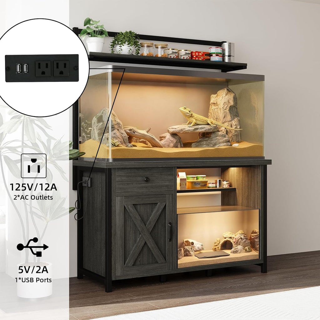Reptile Tank Stand with Power Outlet, Terrarium Stand with Storage Cabinet, 49" X 20" Tabletop, Aquarium Stand with LED Lights, Reptile Terrarium,Turtle Tank (Gray)