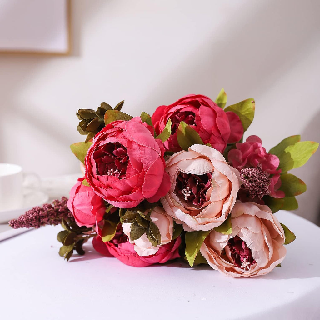 Duovlo Fake Flowers Vintage Artificial Peony Silk Flowers Wedding Home Decoration,Pack of 1 (Dark Pink)